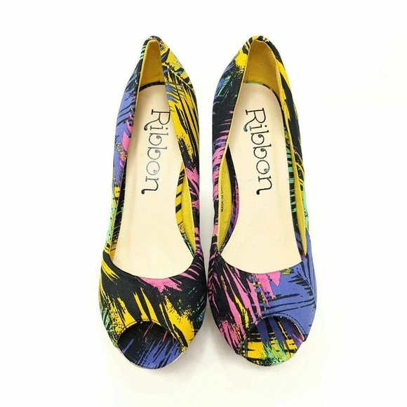 Ribbon Multicolour Chunky Platform Block Heels Shoes UK 5 EU 38 Peep Toe - Picture 4 of 8